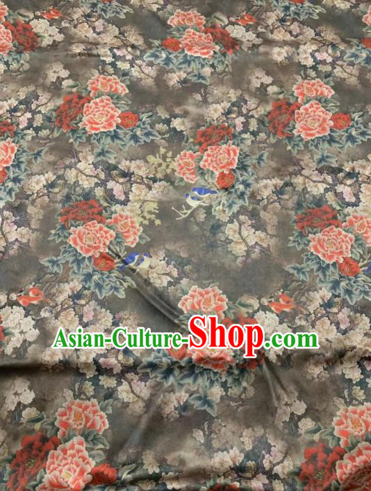 Chinese Classical Peony Pattern Design Grey Gambiered Guangdong Gauze Fabric Asian Traditional Cheongsam Silk Material
