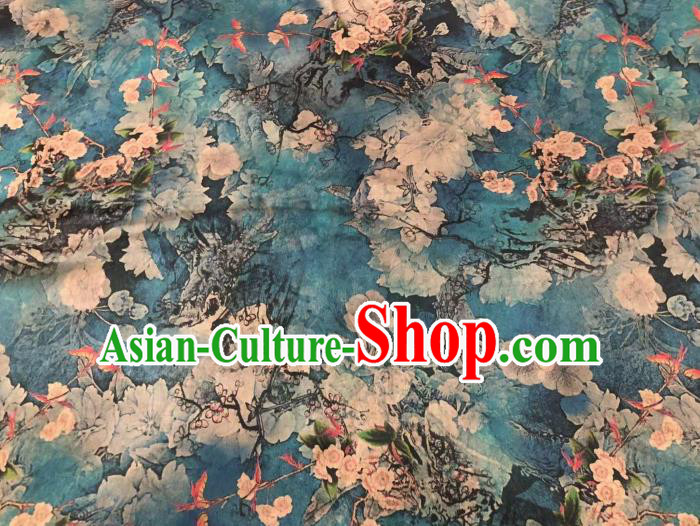Chinese Classical Plum Pattern Design Blue Gambiered Guangdong Gauze Fabric Asian Traditional Cheongsam Silk Material