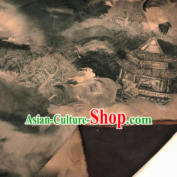 Chinese Classical Crane Pavilion Pattern Design Grey Gambiered Guangdong Gauze Fabric Asian Traditional Cheongsam Silk Material