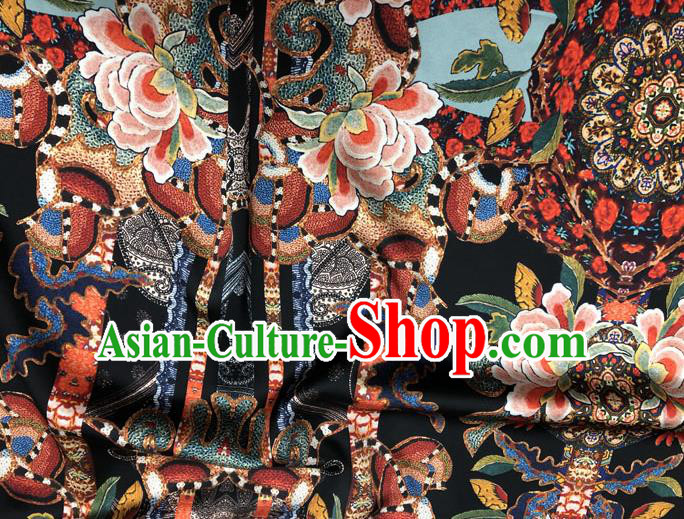 Chinese Classical Peony Pattern Design Black Gambiered Guangdong Gauze Fabric Asian Traditional Cheongsam Silk Material