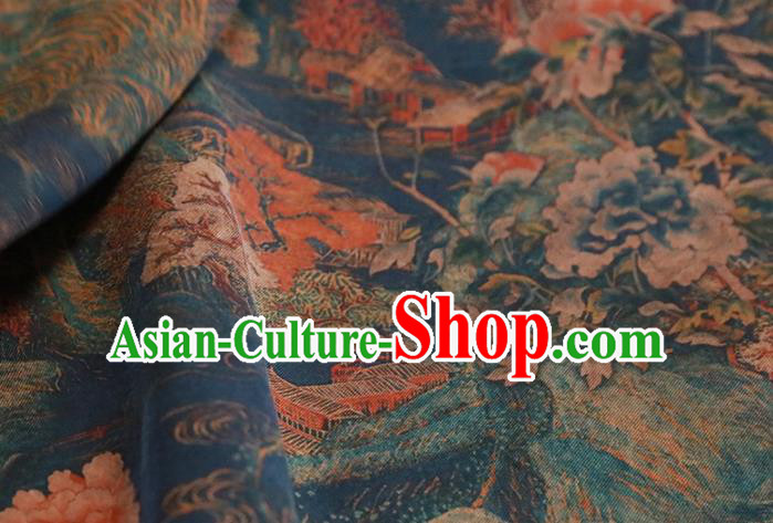 Chinese Classical Landscape Pattern Design Blue Gambiered Guangdong Gauze Fabric Asian Traditional Cheongsam Silk Material