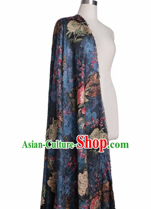 Chinese Classical Peony Pattern Design Navy Mulberry Silk Fabric Asian Traditional Cheongsam Silk Material