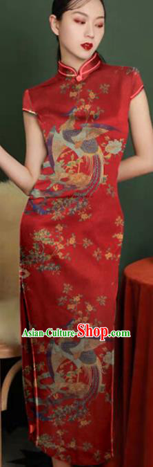 Chinese Classical Peacock Flowers Pattern Design Red Mulberry Silk Fabric Asian Traditional Cheongsam Silk Material