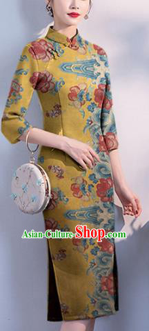 Chinese Classical Peony Pattern Design Yellow Mulberry Silk Fabric Asian Traditional Cheongsam Silk Material