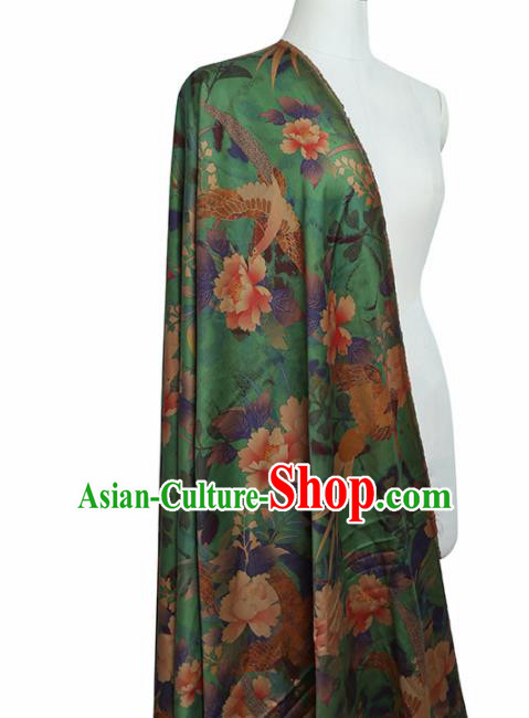 Chinese Classical Peony Birds Pattern Design Green Mulberry Silk Fabric Asian Traditional Cheongsam Silk Material