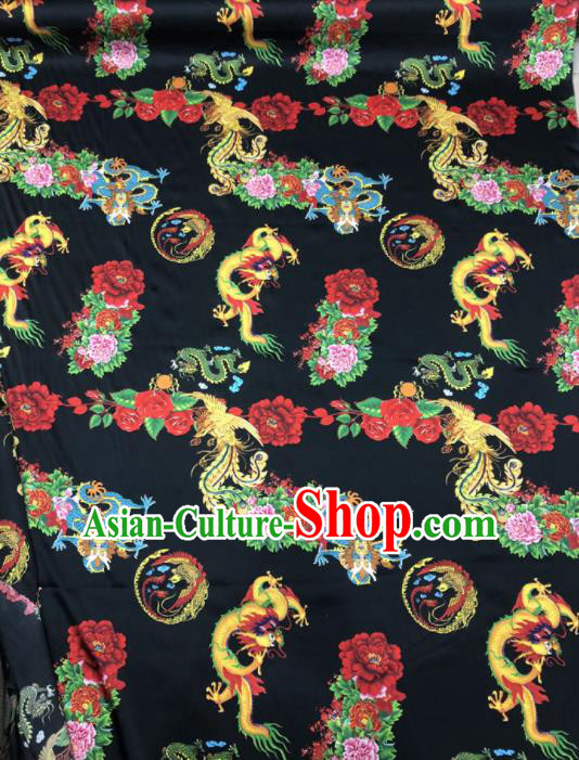 Chinese Classical Dragon Phoenix Peony Pattern Design Black Gambiered Guangdong Gauze Fabric Asian Traditional Cheongsam Silk Material