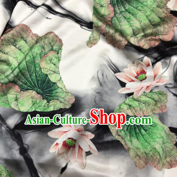 Chinese Classical Lotus Pattern Design White Gambiered Guangdong Gauze Fabric Asian Traditional Cheongsam Silk Material