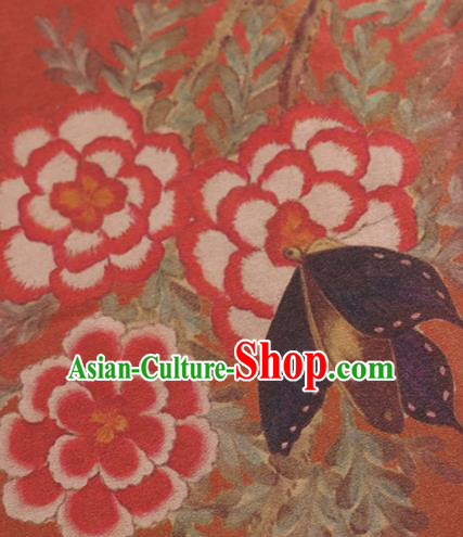 Chinese Classical Peony Butterfly Pattern Design Orange Mulberry Silk Fabric Asian Traditional Cheongsam Silk Material