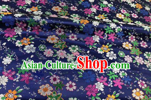 Japanese Kimono Classical Florescence Pattern Design Navy Brocade Fabric Asian Traditional Satin Silk Material