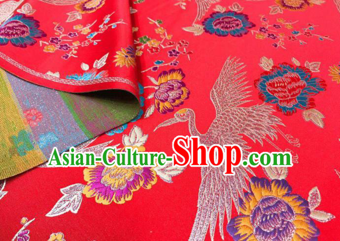 Japanese Kimono Classical Crane Plum Pattern Design Red Brocade Fabric Asian Traditional Satin Silk Material