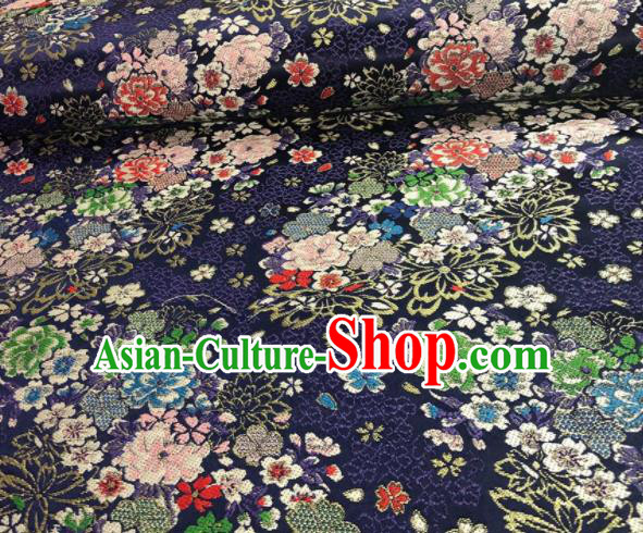 Japanese Classical Floral Flowers Pattern Design Navy Brocade Fabric Asian Traditional Satin Silk Material