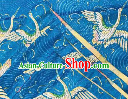 Chinese Classical Royal Cranes Pattern Design Blue Brocade Fabric Asian Traditional Satin Silk Material