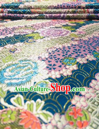 Japanese Classical Peony Pattern Design Lake Blue Brocade Fabric Asian Traditional Satin Silk Material