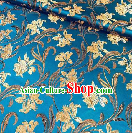 Chinese Classical Timbo Flowers Pattern Design Blue Brocade Fabric Asian Traditional Satin Silk Material