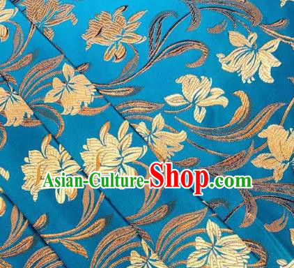Chinese Classical Timbo Flowers Pattern Design Blue Brocade Fabric Asian Traditional Satin Silk Material
