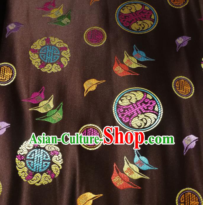 Chinese Royal Ingot Pattern Design Brown Brocade Fabric Asian Traditional Satin Silk Material