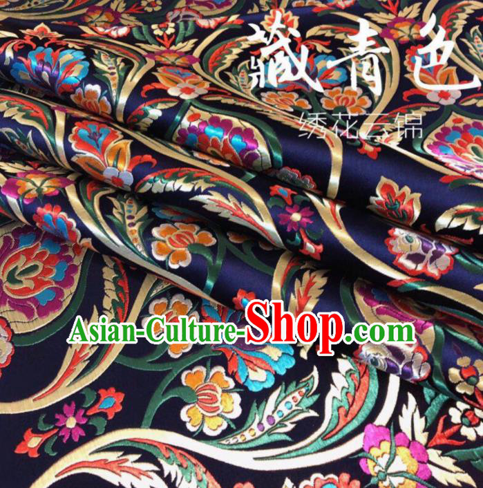 Chinese Classical Embroidered Pattern Design Navy Nanjing Brocade Fabric Asian Traditional Satin Silk Material