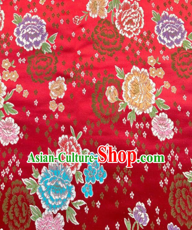 Chinese Classical Embroidered Peony Pattern Design Red Brocade Fabric Asian Traditional Satin Silk Material