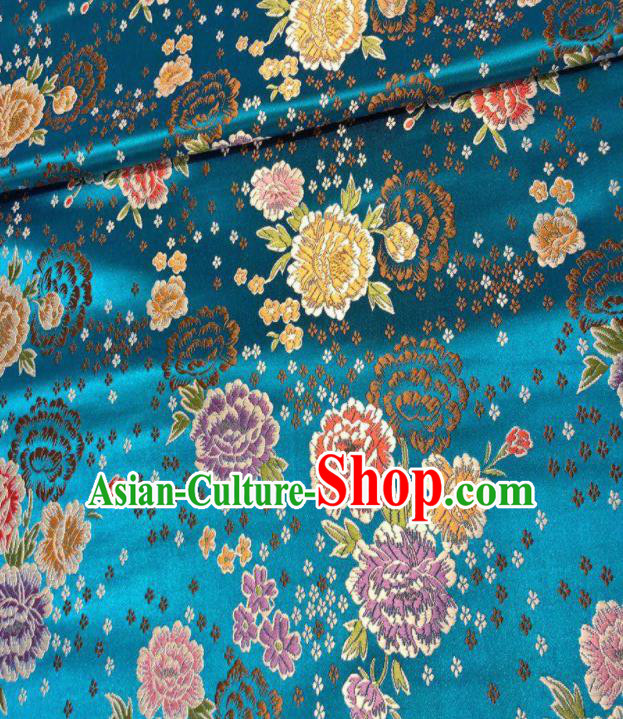 Chinese Classical Embroidered Peony Pattern Design Lake Blue Brocade Fabric Asian Traditional Satin Silk Material
