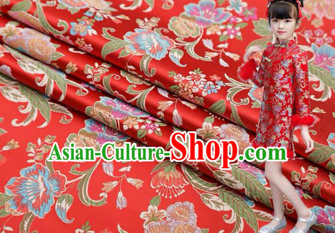 Chinese Classical Flourish Flowers Pattern Design Red Brocade Fabric Asian Traditional Satin Silk Material