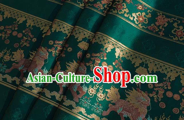 Chinese Royal Kylin Pattern Design Green Brocade Fabric Asian Traditional Horse Face Skirt Satin Silk Material