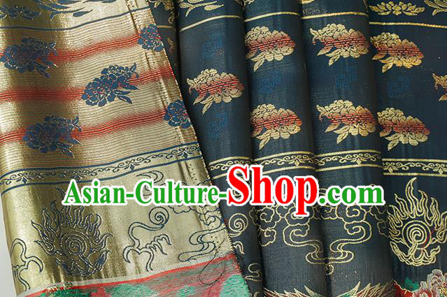 Chinese Royal Phoenix Peony Pattern Design Navy Brocade Fabric Asian Traditional Horse Face Skirt Satin Silk Material