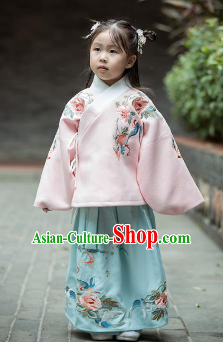 Chinese Traditional Girls Embroidered Peony Costume Ancient Ming Dynasty Princess Hanfu Dress for Kids