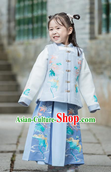 Chinese Traditional Girls Embroidered Blue Costumes Ancient Ming Dynasty Princess Hanfu Dress for Kids