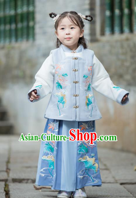 Chinese Traditional Girls Embroidered Blue Costumes Ancient Ming Dynasty Princess Hanfu Dress for Kids
