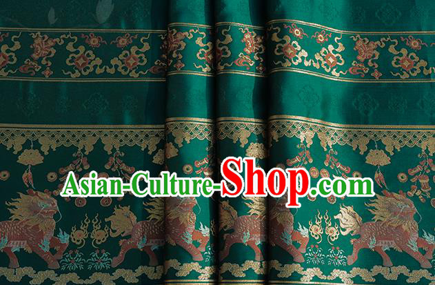 Chinese Royal Kylin Pattern Design Green Brocade Fabric Asian Traditional Horse Face Skirt Satin Silk Material