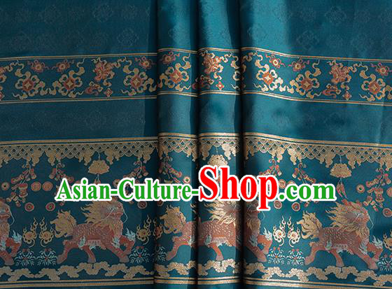 Chinese Royal Kylin Pattern Design Blue Brocade Fabric Asian Traditional Horse Face Skirt Satin Silk Material
