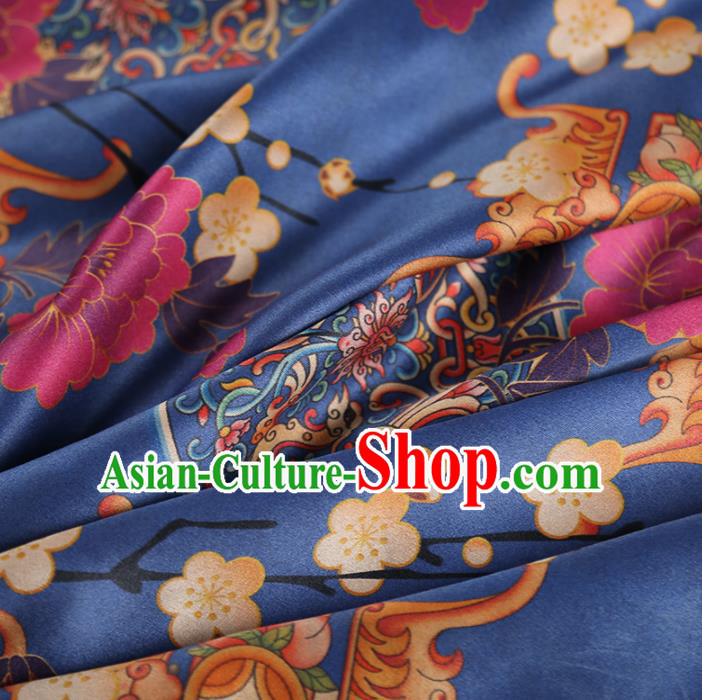 Chinese Classical Plum Quadripod Pattern Design Blue Satin Fabric Asian Traditional Cheongsam Silk Material