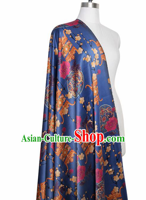 Chinese Classical Plum Quadripod Pattern Design Blue Satin Fabric Asian Traditional Cheongsam Silk Material