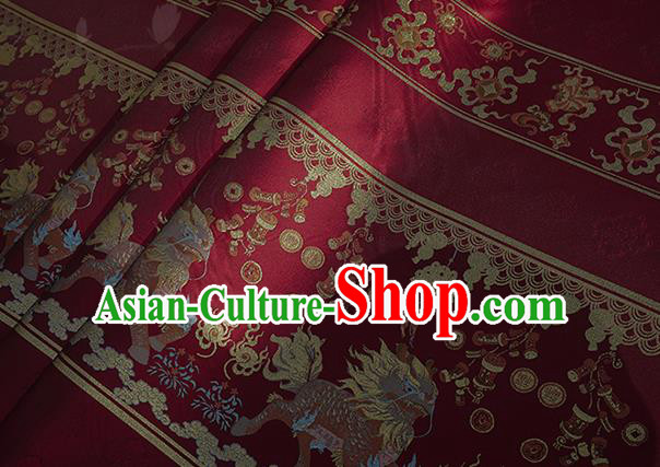 Chinese Royal Kylin Pattern Design Red Brocade Fabric Asian Traditional Horse Face Skirt Satin Silk Material