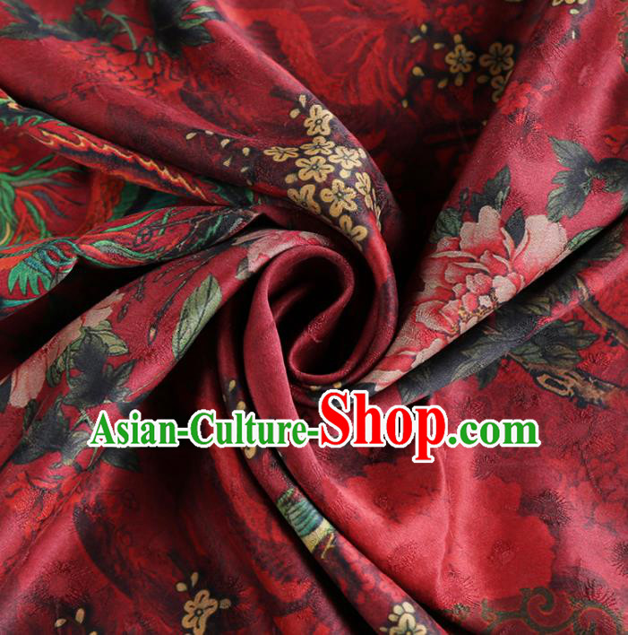 Chinese Classical Peony Plum Pattern Design Purplish Red Gambiered Guangdong Gauze Fabric Asian Traditional Cheongsam Silk Material