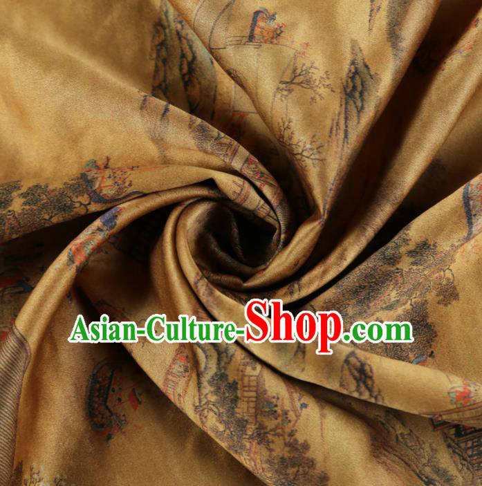 Chinese Classical Pattern Design Golden Gambiered Guangdong Gauze Fabric Asian Traditional Cheongsam Silk Material