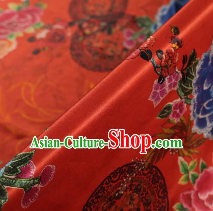 Chinese Classical Printing Peony Pattern Design Red Gambiered Guangdong Gauze Fabric Asian Traditional Cheongsam Silk Material