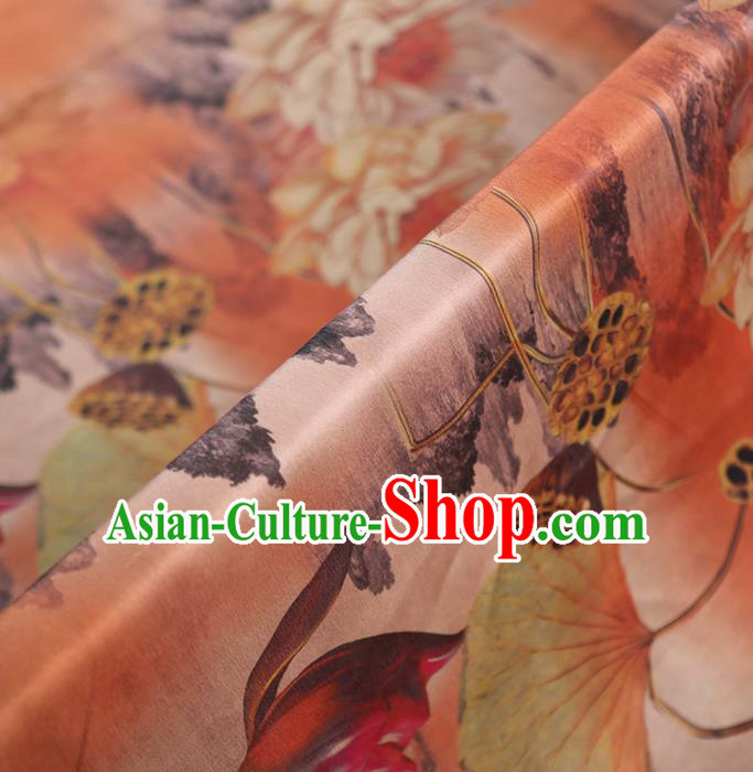 Chinese Classical Printing Lotus Pattern Design Orange Gambiered Guangdong Gauze Fabric Asian Traditional Cheongsam Silk Material