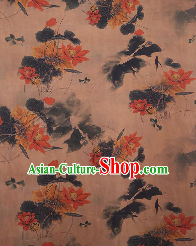Chinese Classical Printing Lotus Pattern Design Brown Gambiered Guangdong Gauze Fabric Asian Traditional Cheongsam Silk Material