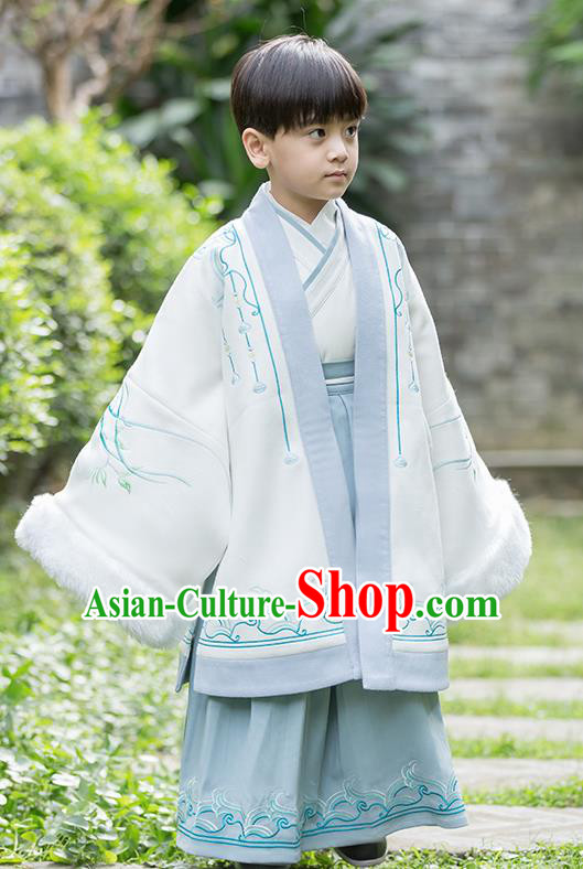 Chinese Traditional Ming Dynasty Scholar Winter Costume Ancient Swordsman Hanfu Clothing for Kids