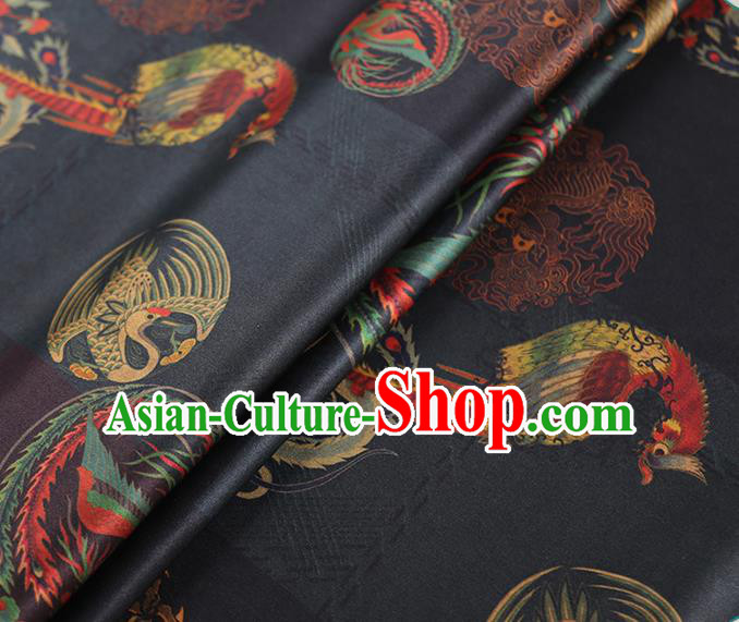Chinese Classical Printing Dragon Phoenix Pattern Design Black Gambiered Guangdong Gauze Fabric Asian Traditional Cheongsam Silk Material