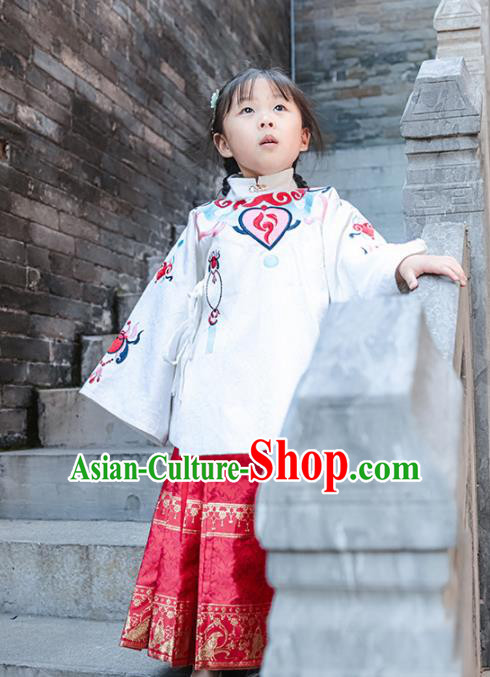 Chinese Traditional Girls Embroidered White Blouse and Skirt Ancient Ming Dynasty Princess Costume for Kids