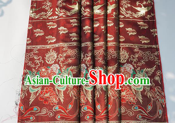 Chinese Royal Phoenix Peony Pattern Design Dark Red Brocade Fabric Asian Traditional Horse Face Skirt Satin Silk Material