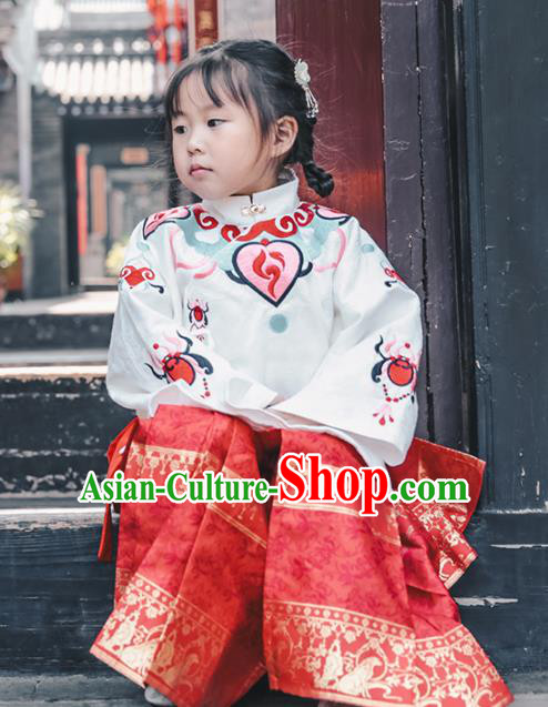 Chinese Traditional Girls Embroidered White Blouse and Skirt Ancient Ming Dynasty Princess Costume for Kids