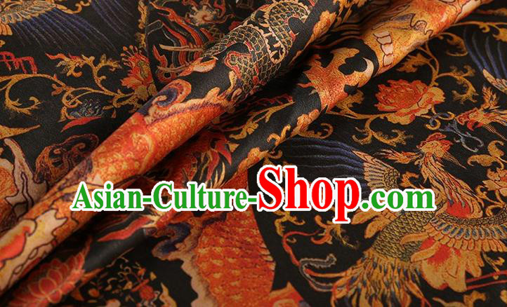 Chinese Classical Dragon Lotus Pattern Design Black Gambiered Guangdong Gauze Fabric Asian Traditional Cheongsam Silk Material