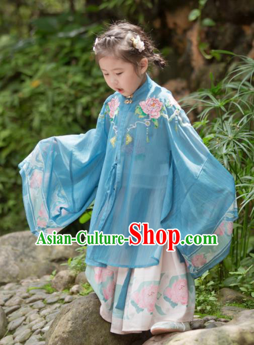 Chinese Traditional Girls Embroidered Peony Blue Cloak and Skirt Ancient Ming Dynasty Princess Costume for Kids