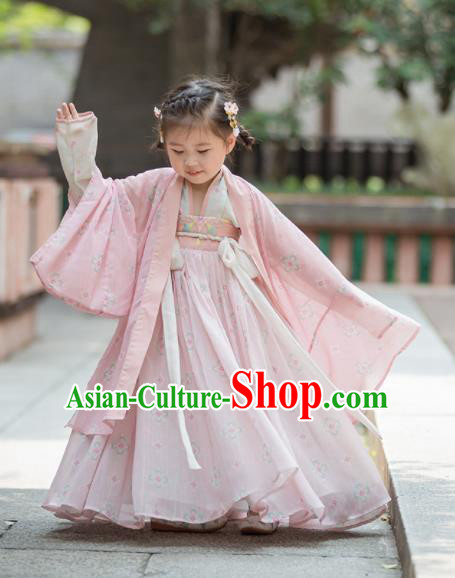 Chinese Traditional Girls Embroidered Pink Blouse and Skirt Ancient Ming Dynasty Princess Costume for Kids