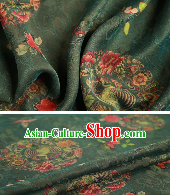Chinese Classical Crane Chrysanthemum Pattern Design Green Gambiered Guangdong Gauze Fabric Asian Traditional Cheongsam Silk Material