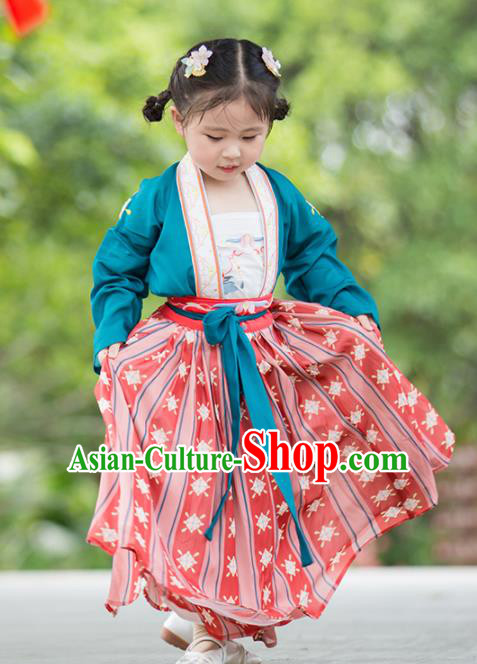 Chinese Traditional Girls Embroidered Blue Blouse and Red Skirt Ancient Song Dynasty Princess Costume for Kids