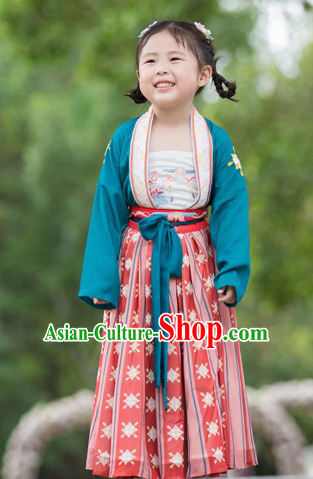 Chinese Traditional Girls Embroidered Blue Blouse and Red Skirt Ancient Song Dynasty Princess Costume for Kids